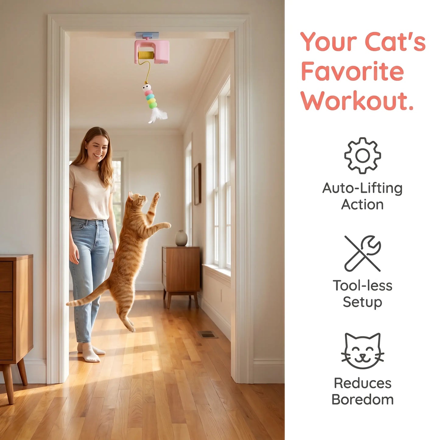 Interactive Retractable Bungee Cat Toy - Automatic Hanging Door Teaser, USB Rechargeable Auto Lifting Exercise Device for Indoor Play and Boredom Relief