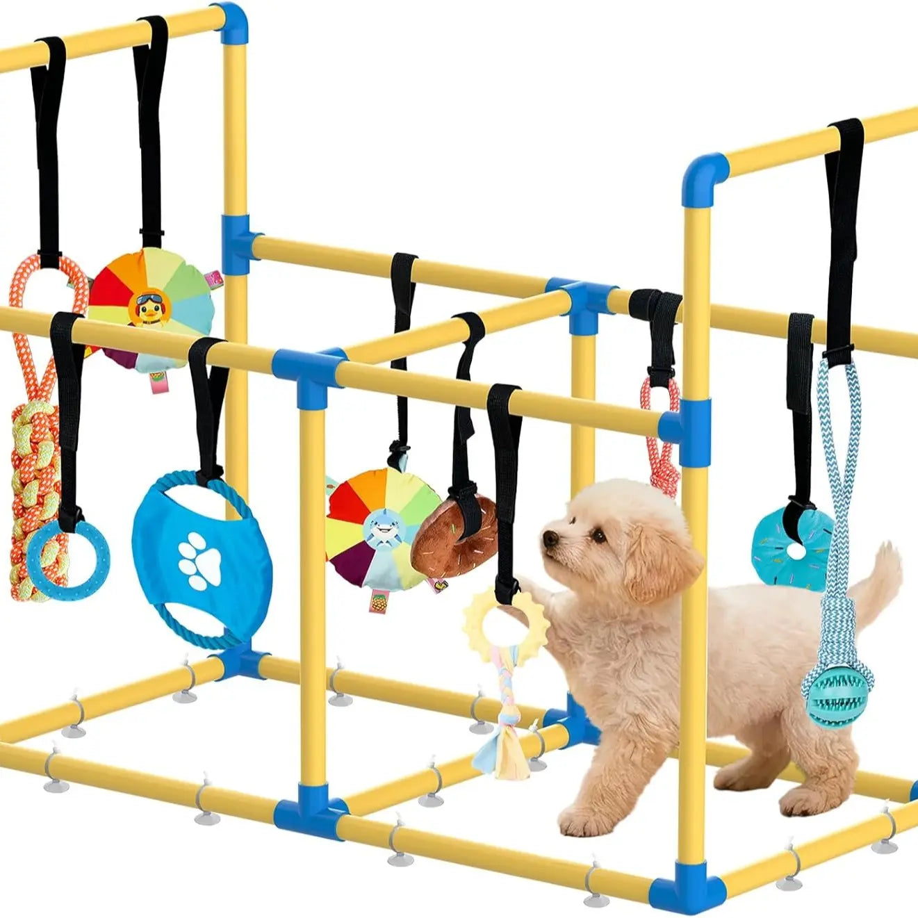Indoor Puppy Play Gym with Durable PVC Frame, Adjustable Velcro Rope, Snuffle Mat, and 8 Interactive Hanging Toys - Enrichment Training Tools for Small Dogs